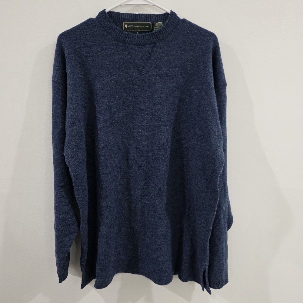 Mens Wool Crewneck Sweater Size Large Blue Neutral Quiet Luxury‎